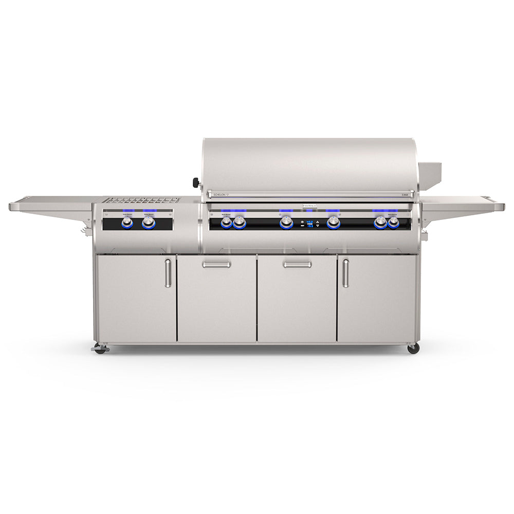 Stainless steel portable gas grill with hood, side shelves, control knobs, thermometer