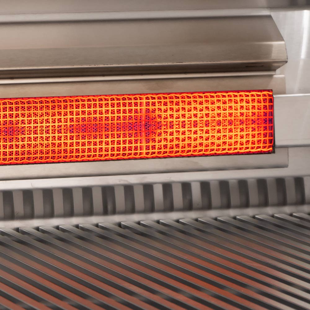 Burner cover with glowing red mesh pattern inside stainless grill housing