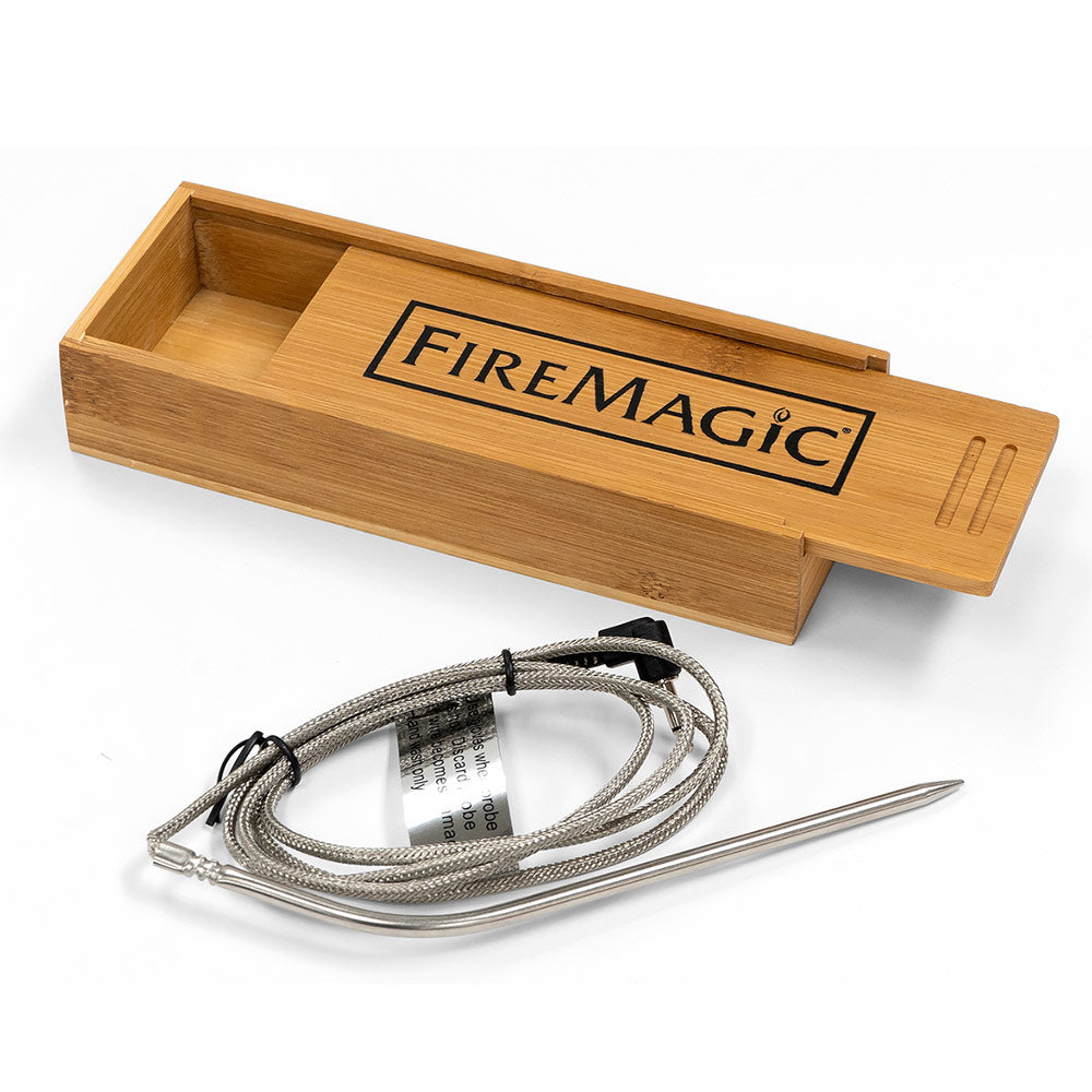 FireMagic wooden thermometer probe box with braided cable and stainless probe