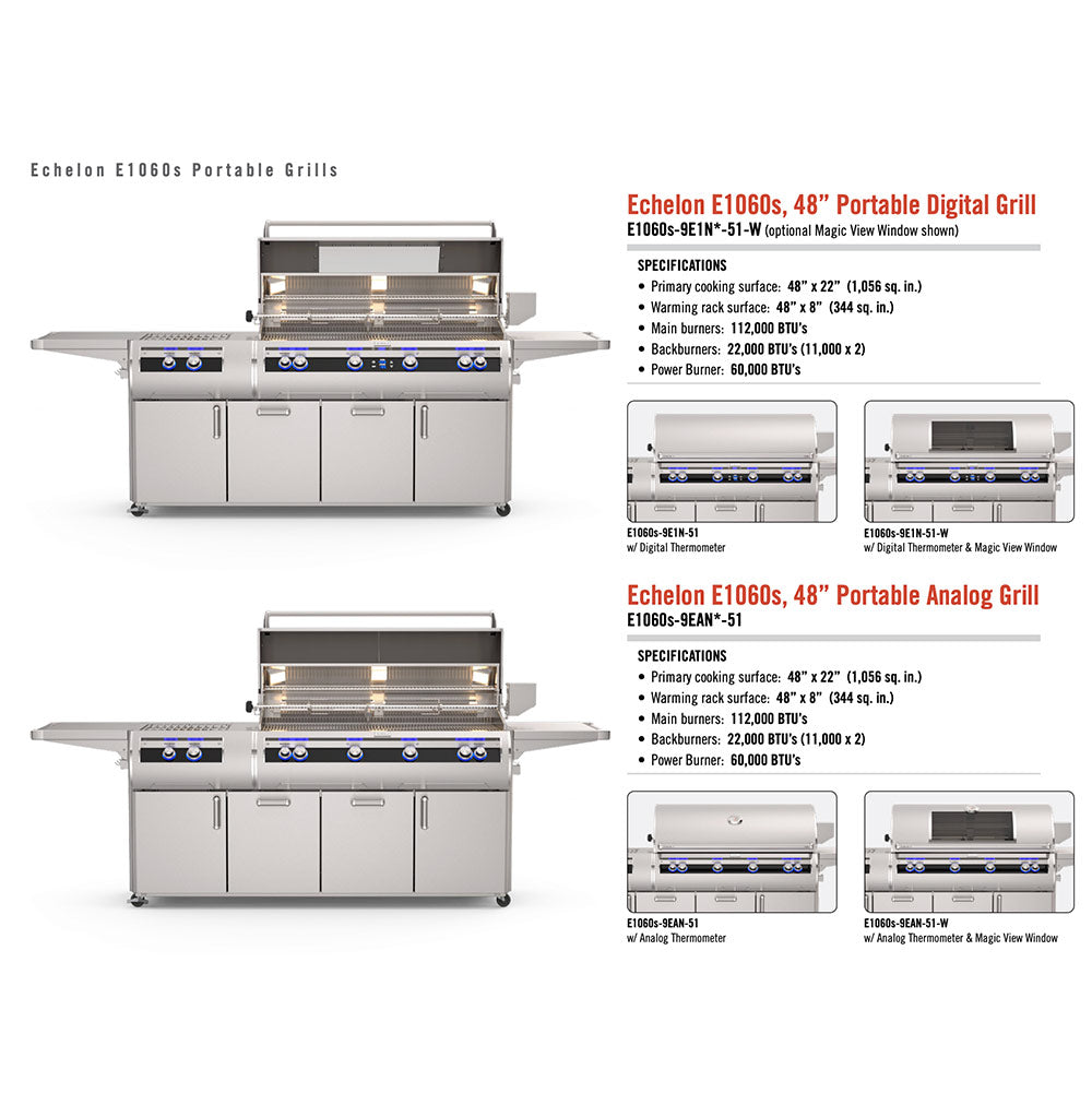 Portable grill comparison sheet showing Echelon digital and analog model images