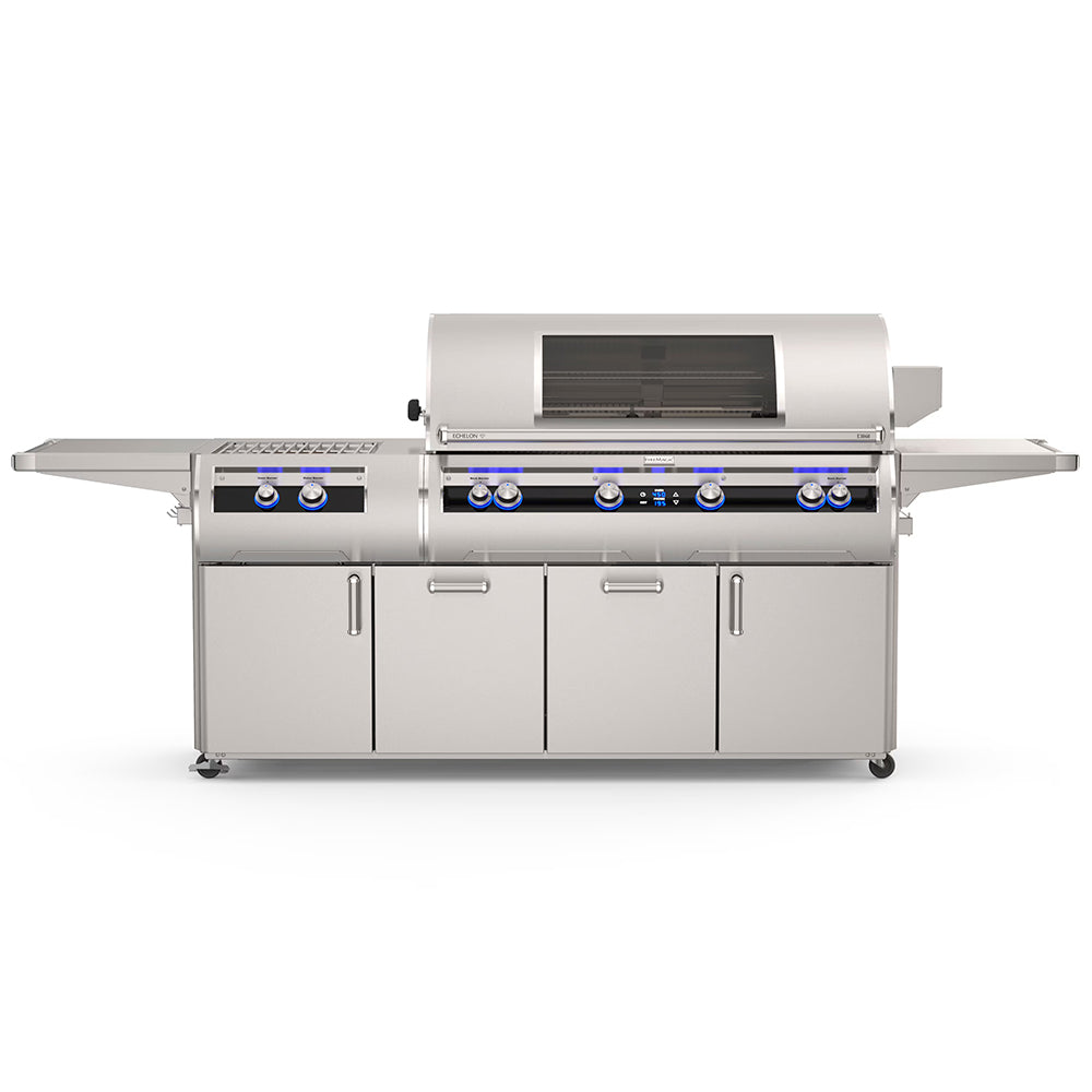 Stainless steel portable gas grill with side shelves, burners, and blue control knobs