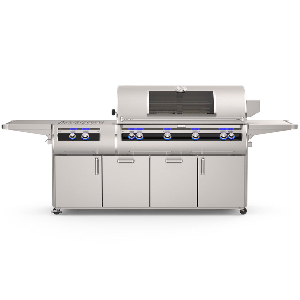 Stainless steel portable gas grill with side shelves, blue burner lights, and control knobs