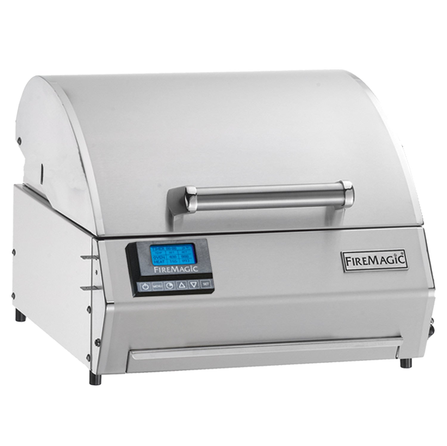 Tabletop electric grill with stainless lid and control panel, warming rods, black display