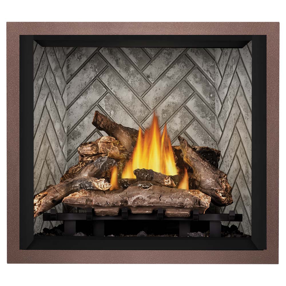 Gas fireplace with glowing flames and dark log set, gray herringbone tile surround, bronze trim
