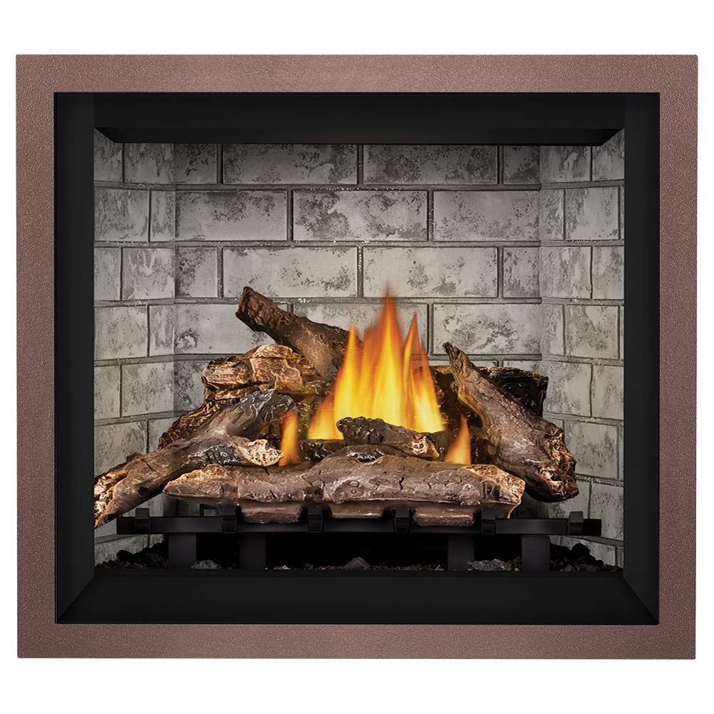 Gas fireplace with glowing flames and dark log set, gray brick tile surround, bronze trim