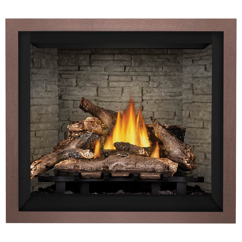 Direct vent gas fireplace with gray stone back, bronze frame, and burning log set