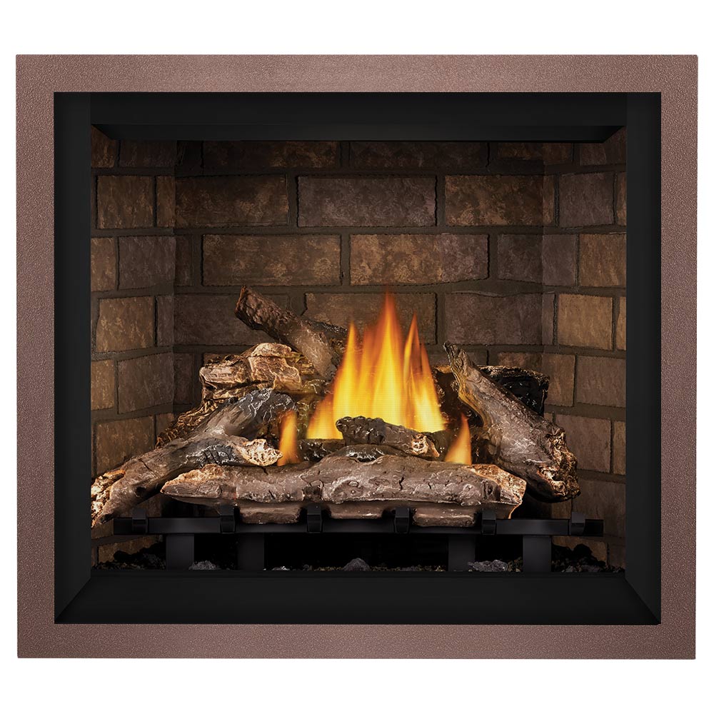Direct vent gas fireplace with brown brick back, bronze frame, and burning log set