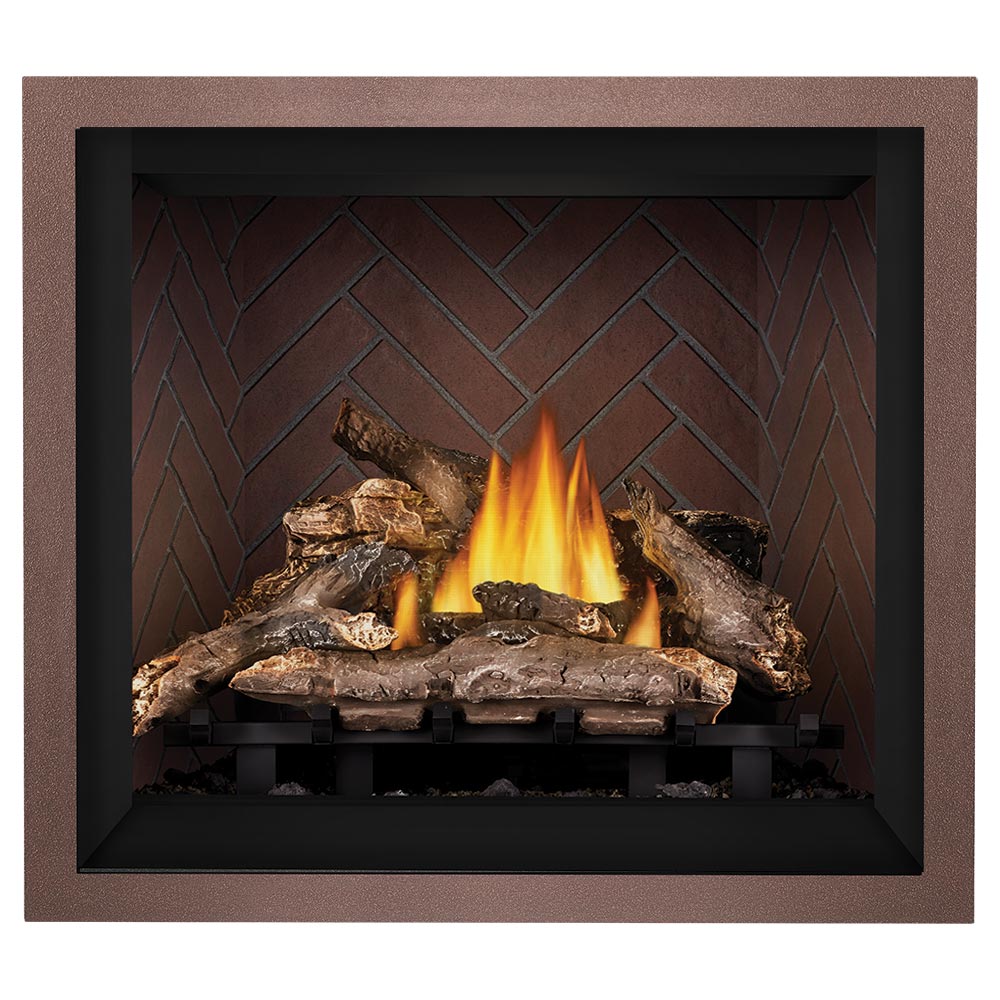 Direct-vent gas fireplace with tan surround, yellow flames, and split log set against brick panel