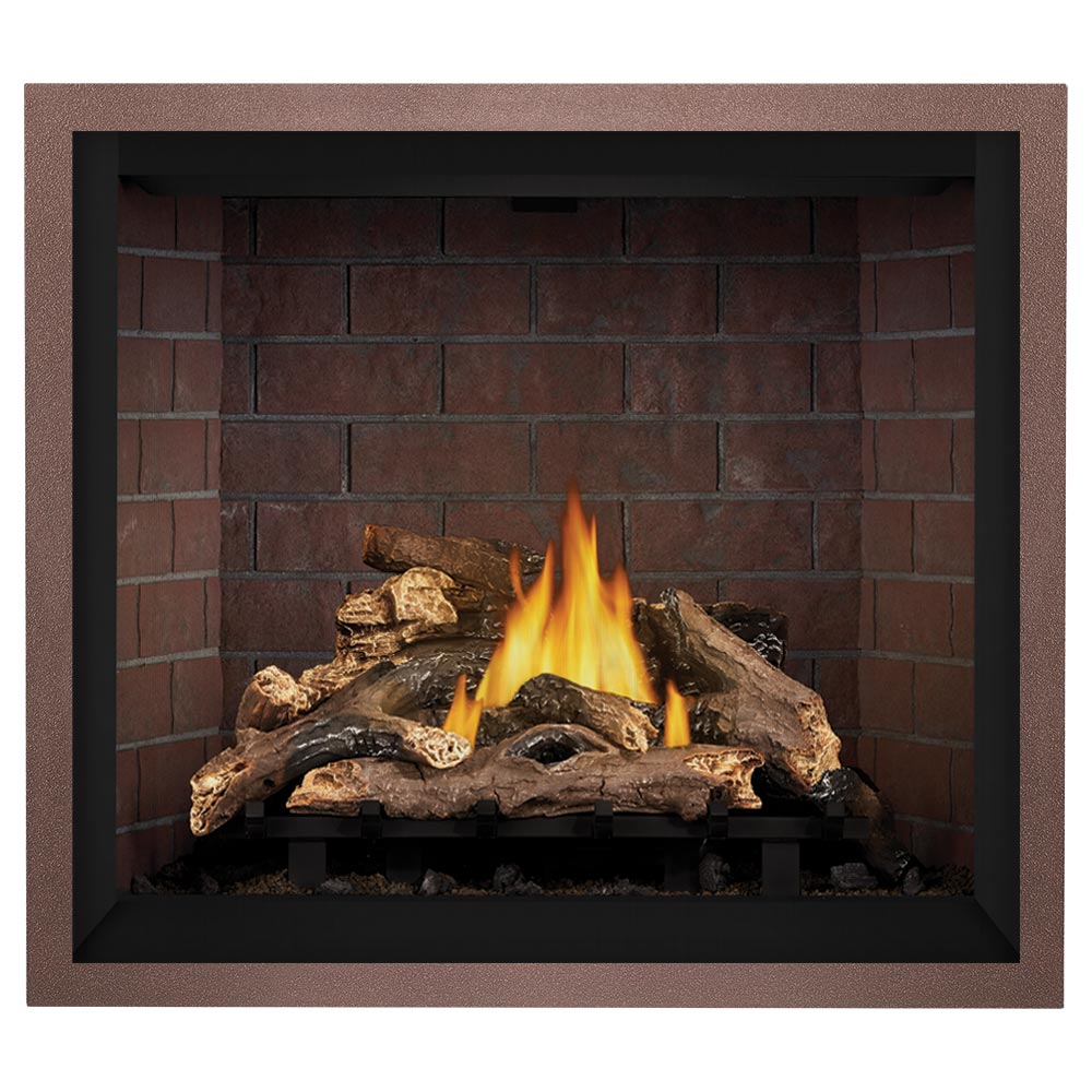 Direct vent gas fireplace with glowing flame and log set in brick back panel, tan outer frame