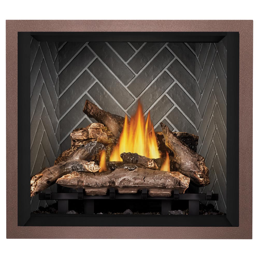 Direct vent gas fireplace with glowing flame and log set in gray herringbone back panel, tan outer frame
