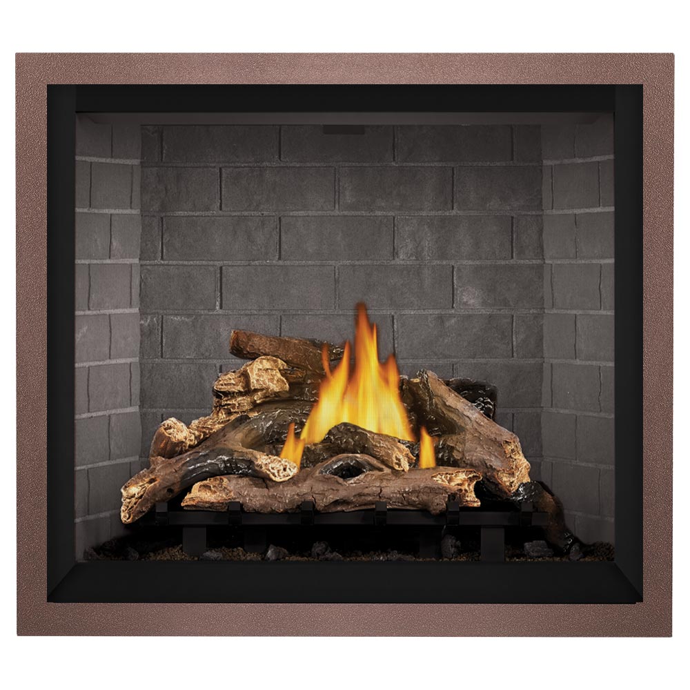 Copper-finish direct vent gas fireplace with gray brick panel and burning log set.