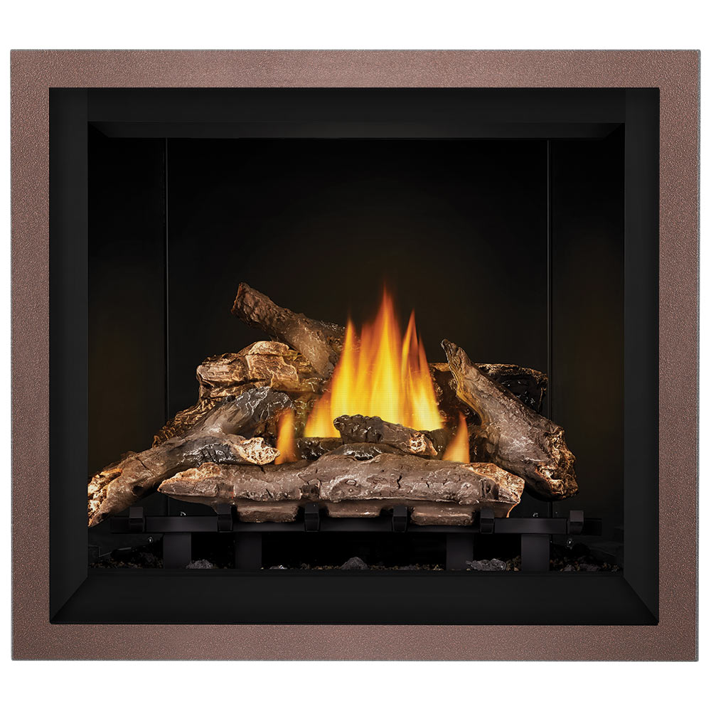 Direct vent gas fireplace with dark bronze surround and burning logs in firebox