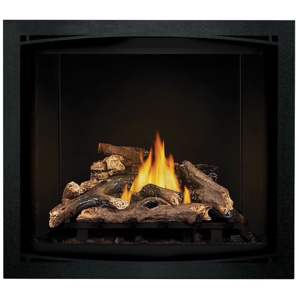 Direct vent gas fireplace with black surround and glowing flame over stacked logs