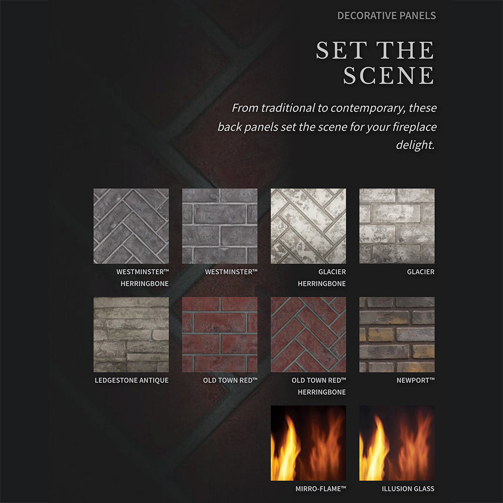 Decorative panel swatches for a gas fireplace back panel in brick patterns