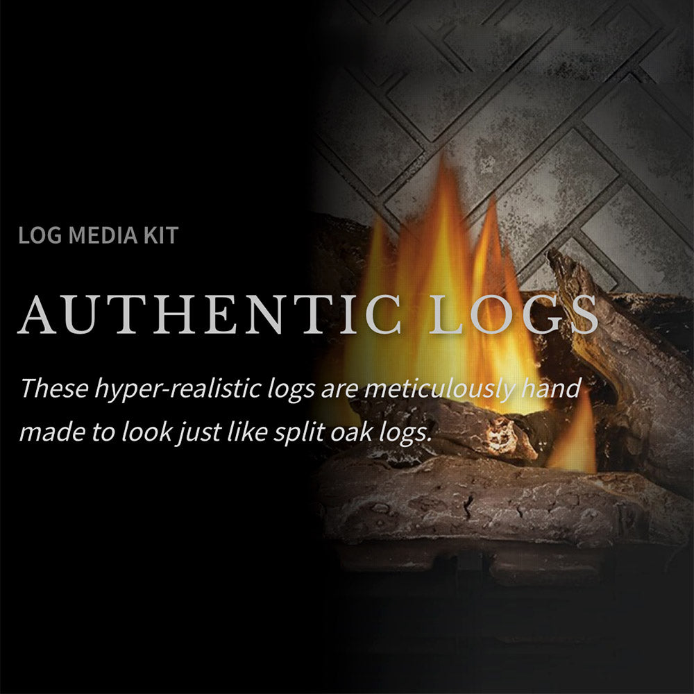 Gas fireplace log media set with realistic logs and visible flames