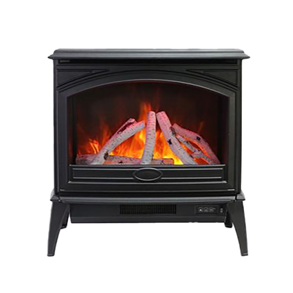 Black freestanding electric fireplace with arched glass door and glowing log flame