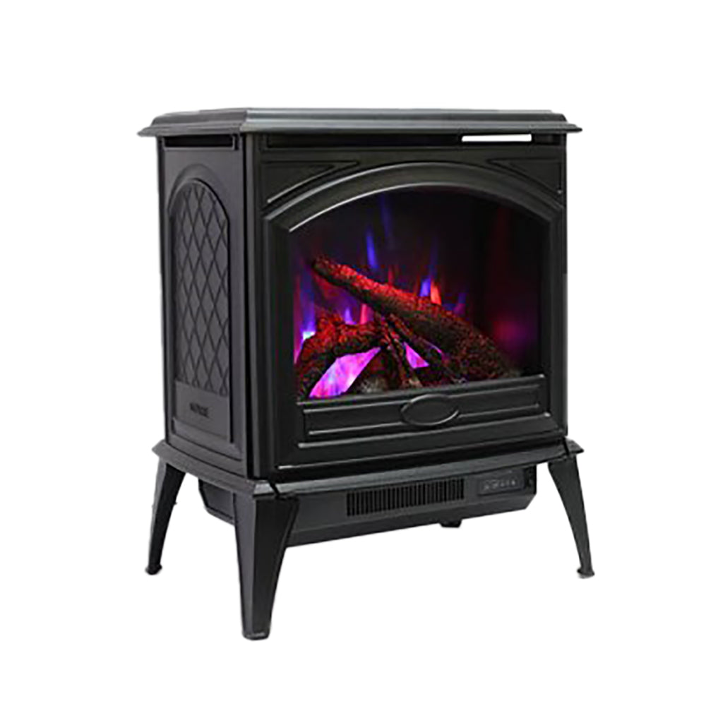 Black freestanding electric fireplace with arched glass window and blue flame glow