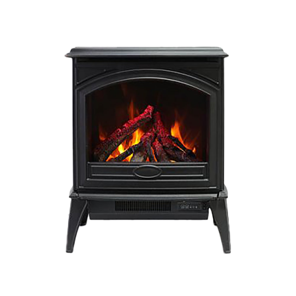 Black freestanding electric fireplace with arched glass and red-orange log flame
