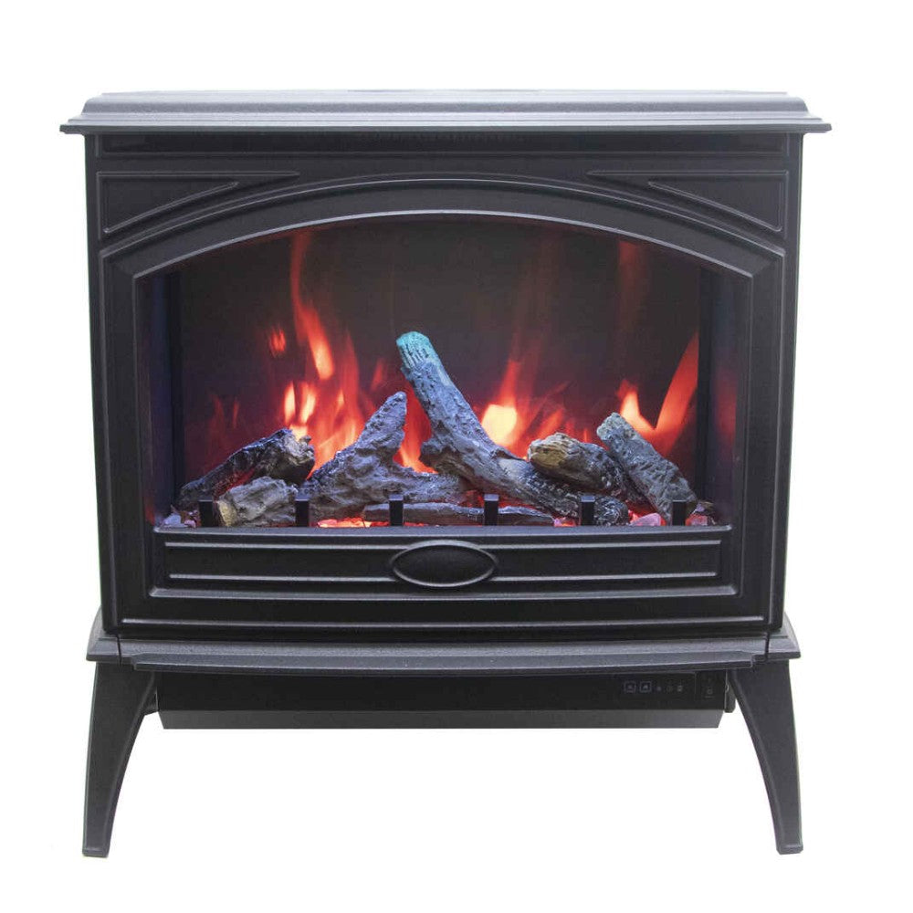 Black freestanding electric stove with glowing logs and blue accent piece behind glass