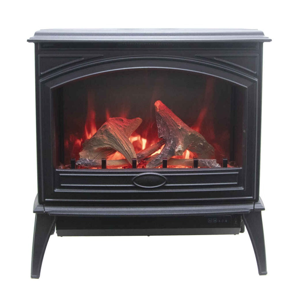 Freestanding cast iron electric stove front view with burning log effect