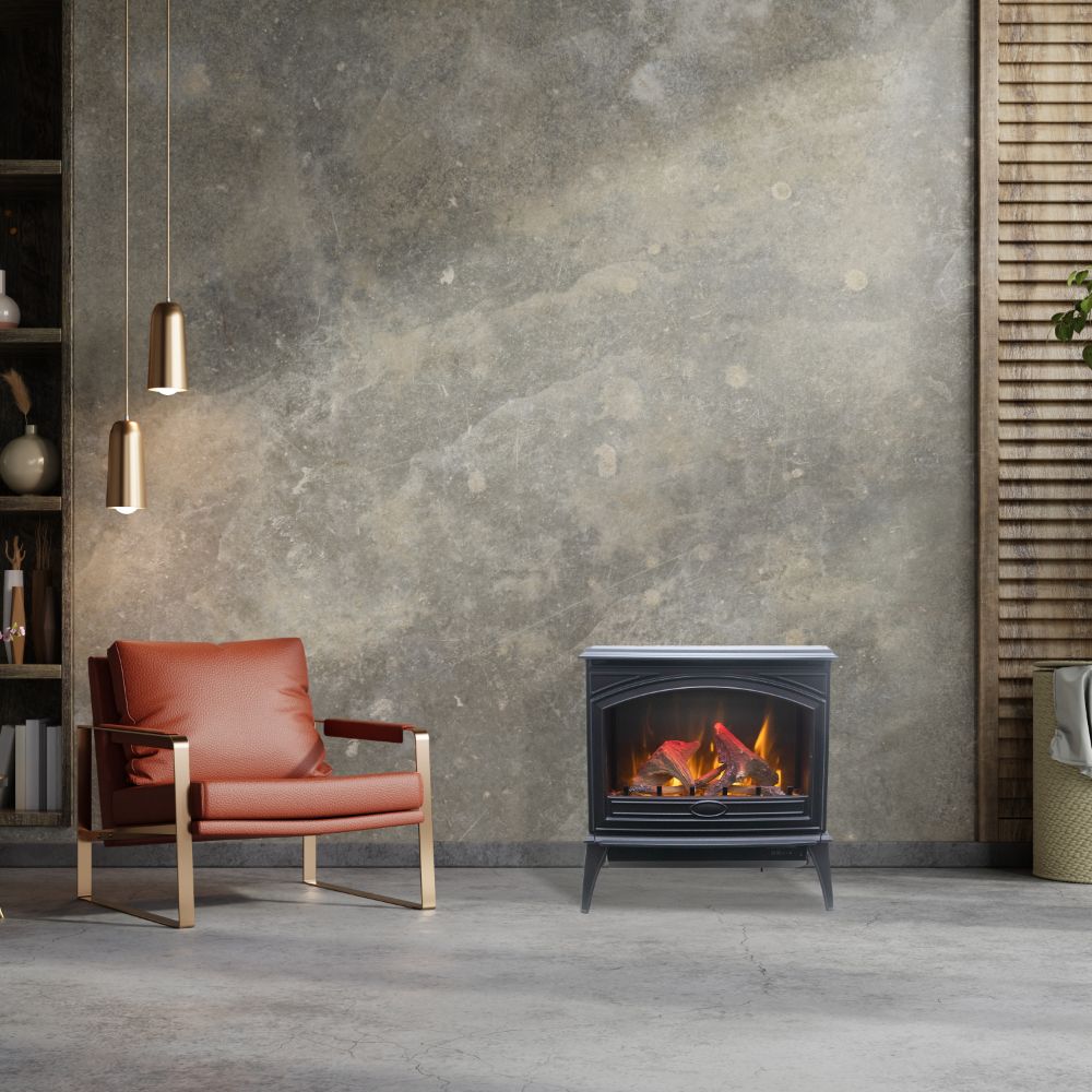 Black freestanding electric stove with arched door window and burning flame effect