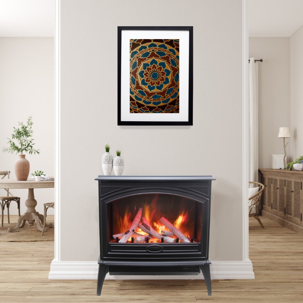 Black freestanding electric stove with arched glass door and visible flame view