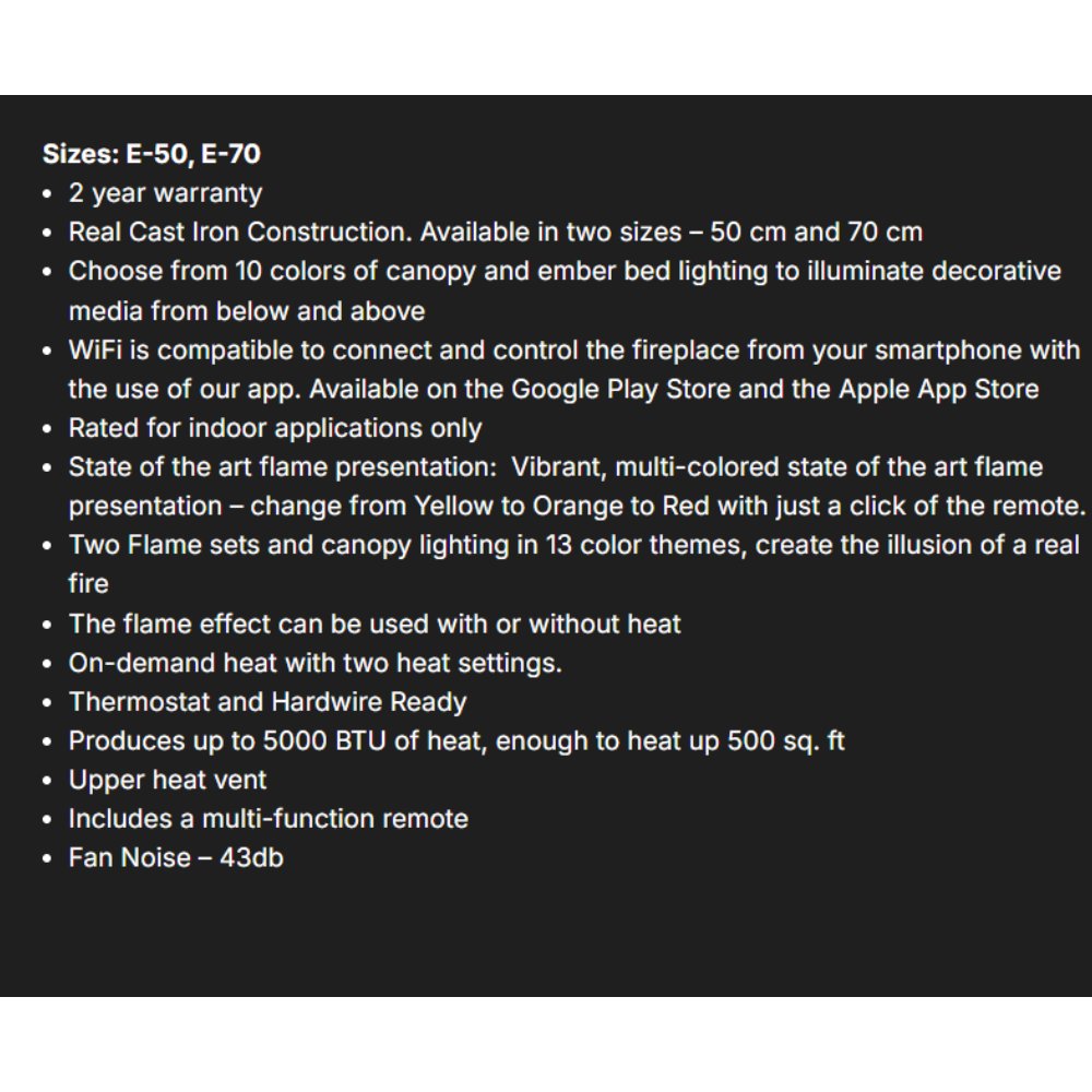 Electric stove specifications text panel