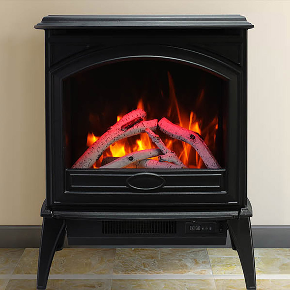 Black freestanding electric fireplace with arched glass, lit logs, and front control panel