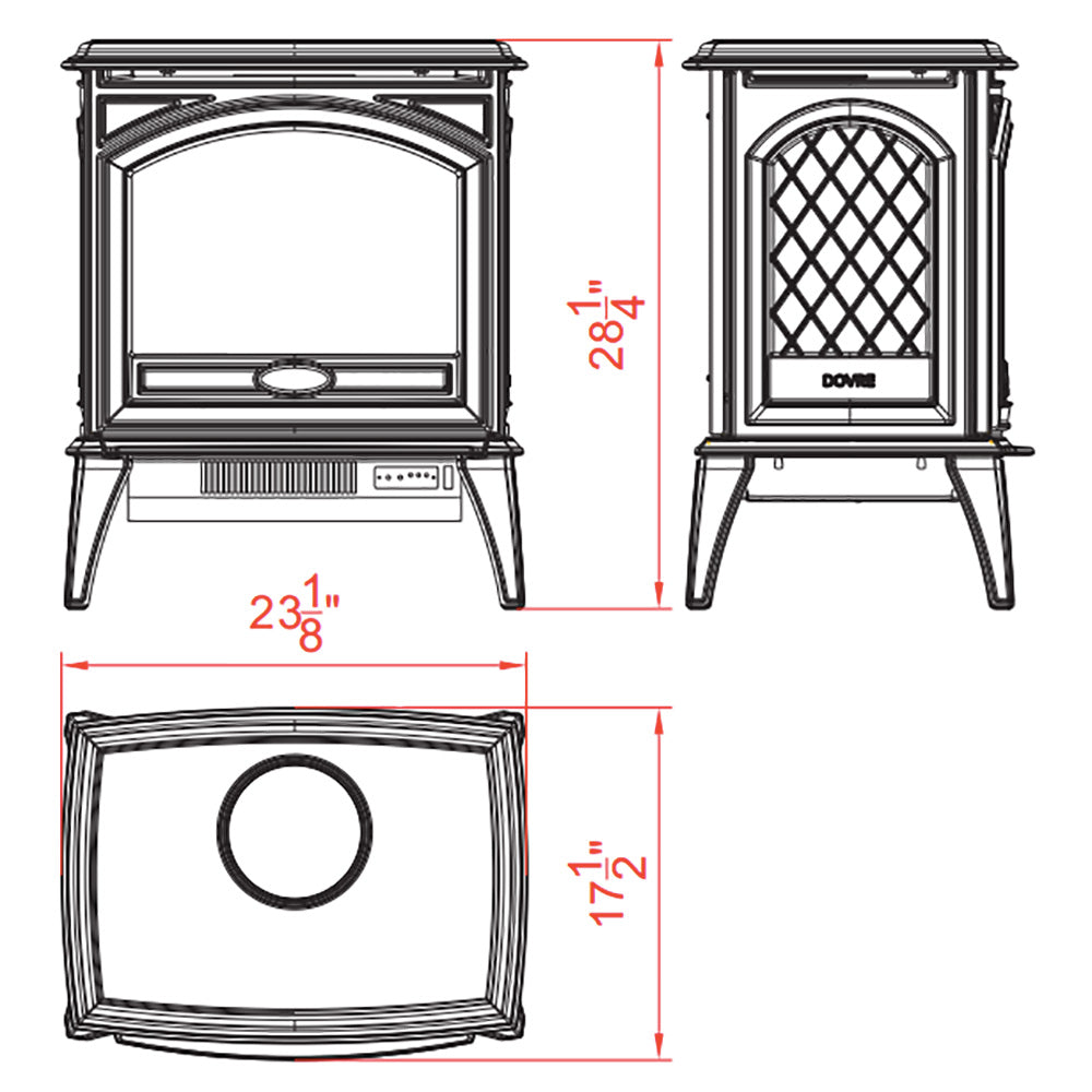 Electric fireplace technical line drawing with front, side views, and size measurements