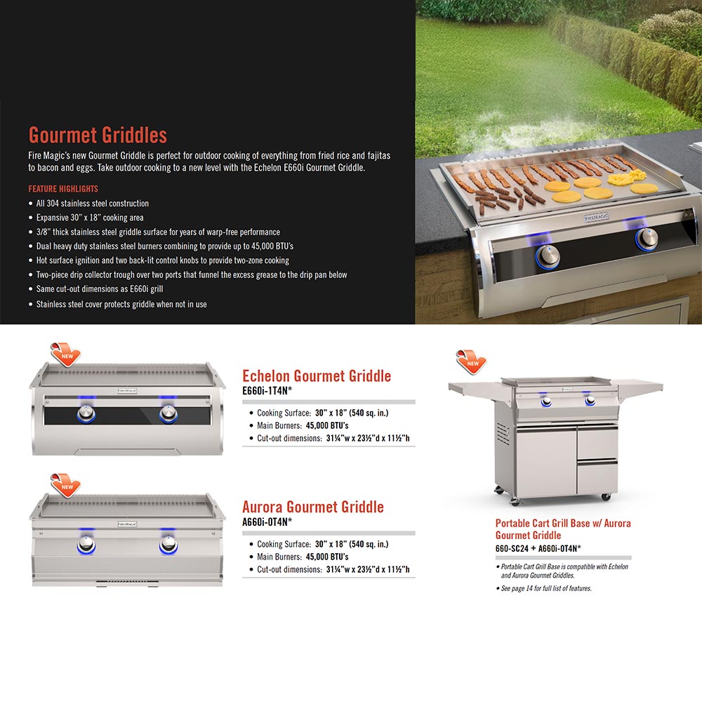 Gourmet griddle lineup with side controls, griddle top, and portable cart base