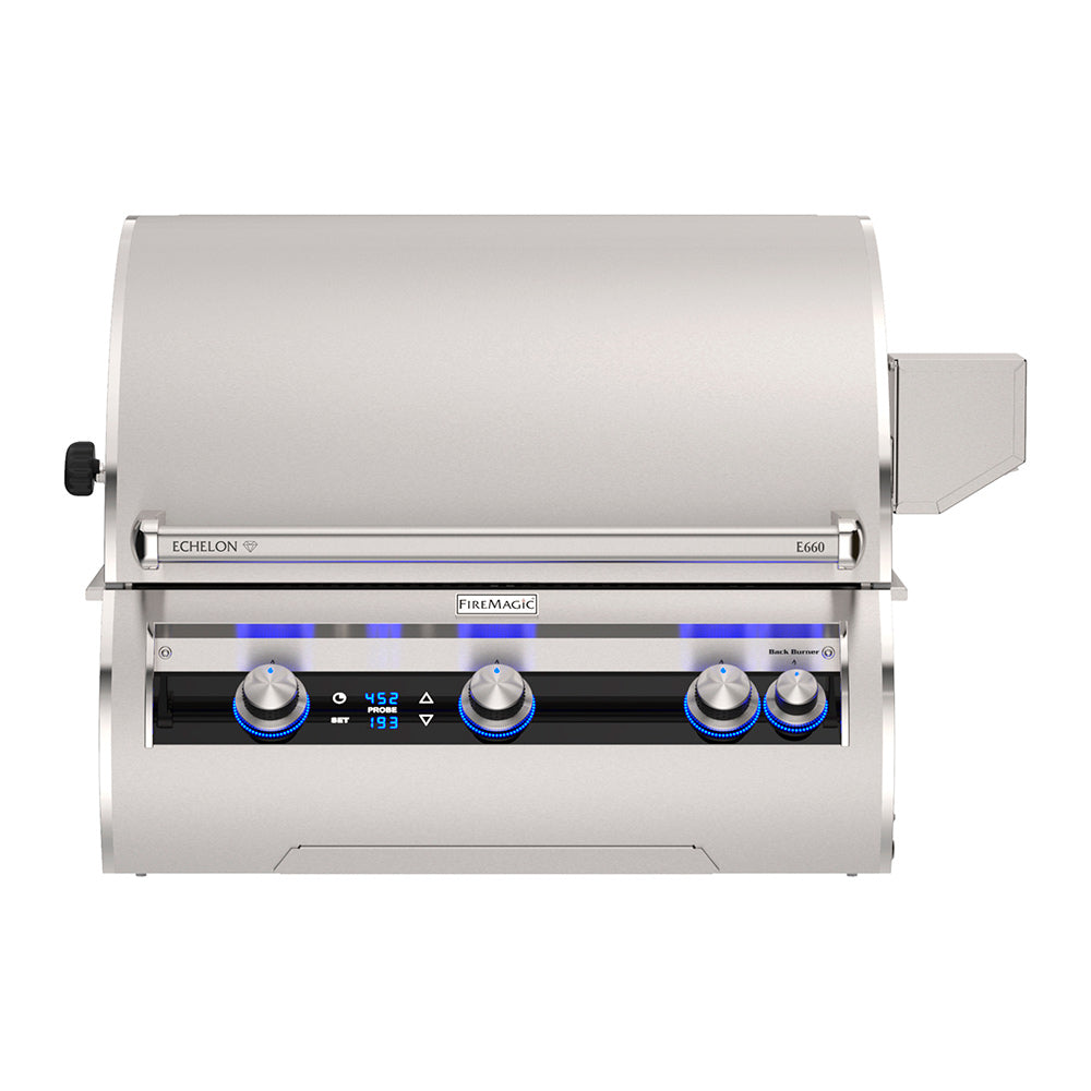 Built-in gas grill with stainless front, black control panel, FireMagic and Echelon badges