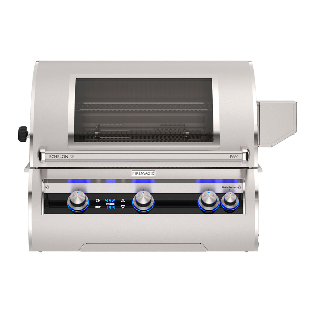 Built-in gas grill with open lid, stainless steel control panel and burner knobs