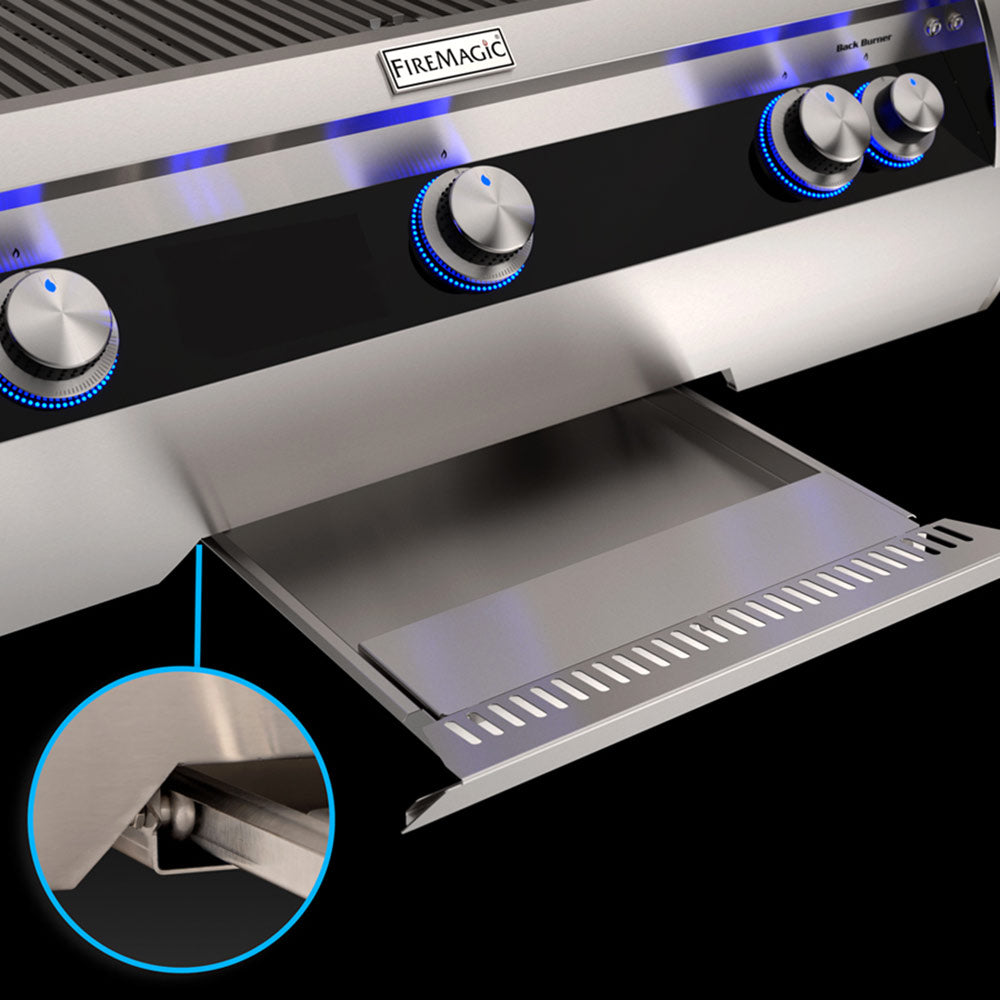 Built-in gas grill with blue LED control knobs and open warming or storage compartment