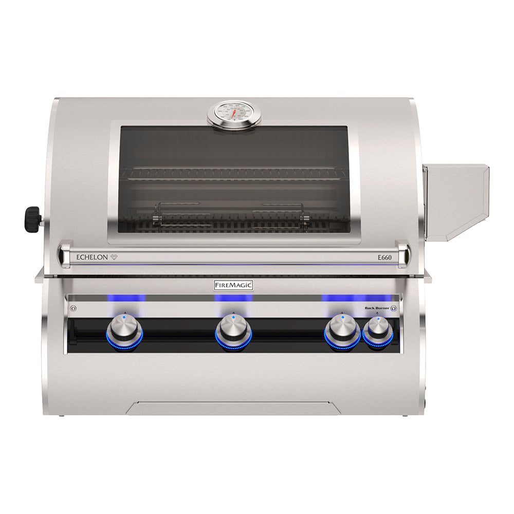 Built-in gas grill with open lid, thermometer, and stainless burner control panel