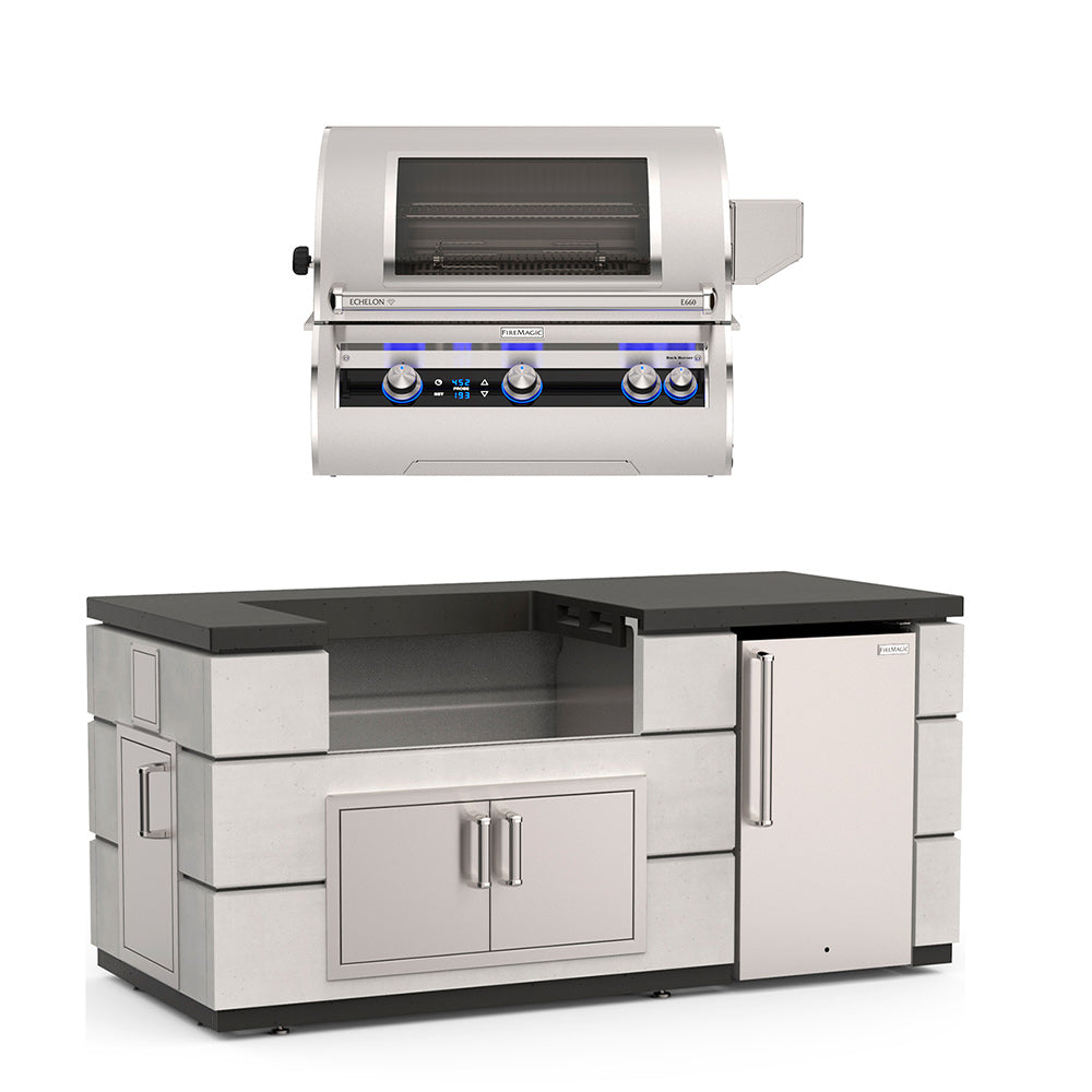 Fire Magic outdoor kitchen island with stainless grill, black worktop, side doors and refrigerator