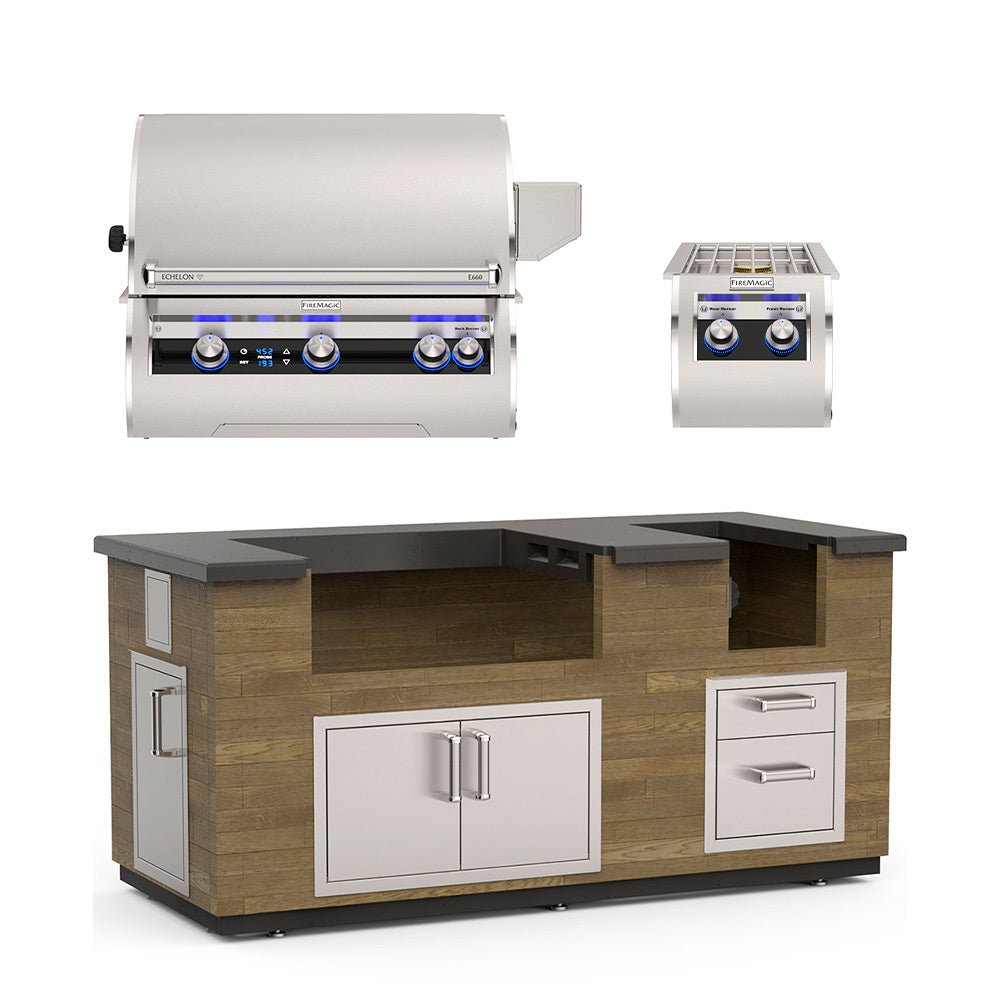 Outdoor kitchen island grill with stainless top, reclaimed wood body, doors and drawers