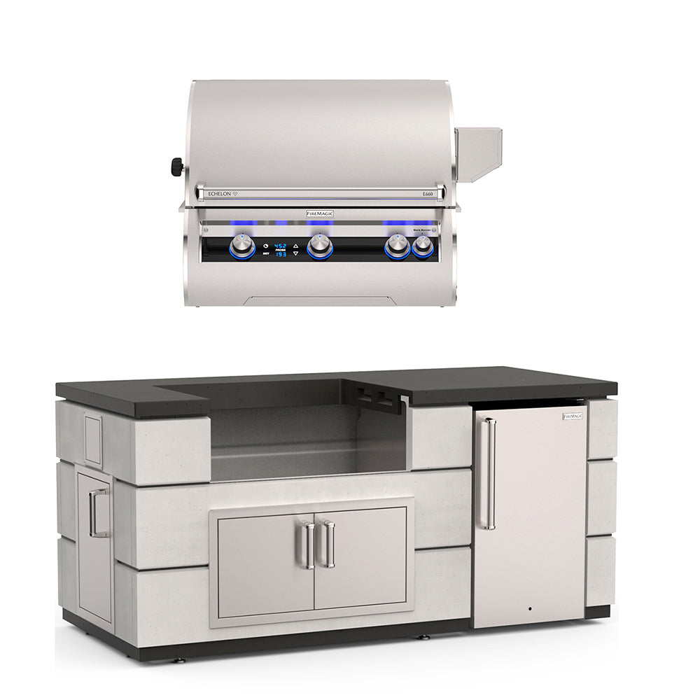 Outdoor kitchen island with stainless grill, open storage, doors and drawers