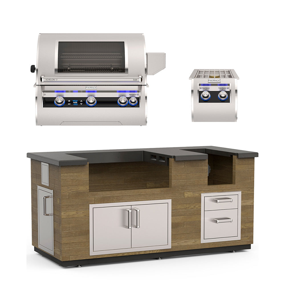 Reclaimed wood outdoor kitchen island with two doors, drawer, and built-in stainless grill