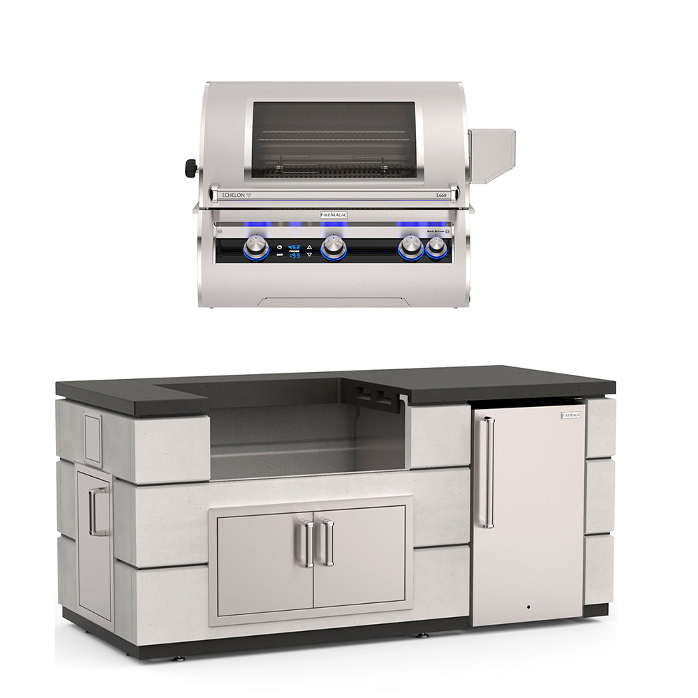 Fire Magic outdoor kitchen island with stainless grill, black countertop, cabinet doors, fridge