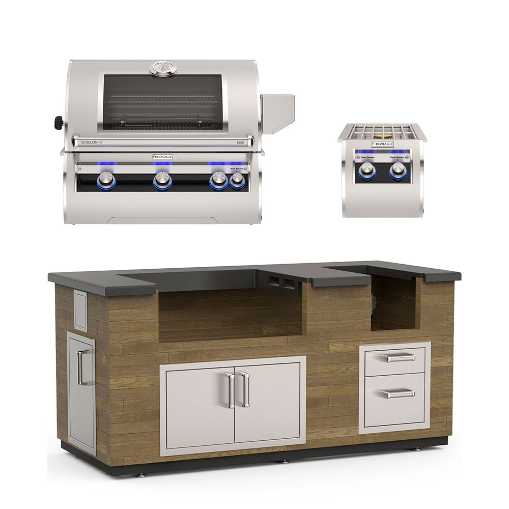 Reclaimed wood outdoor kitchen island with open stainless grill, two doors, and side drawer
