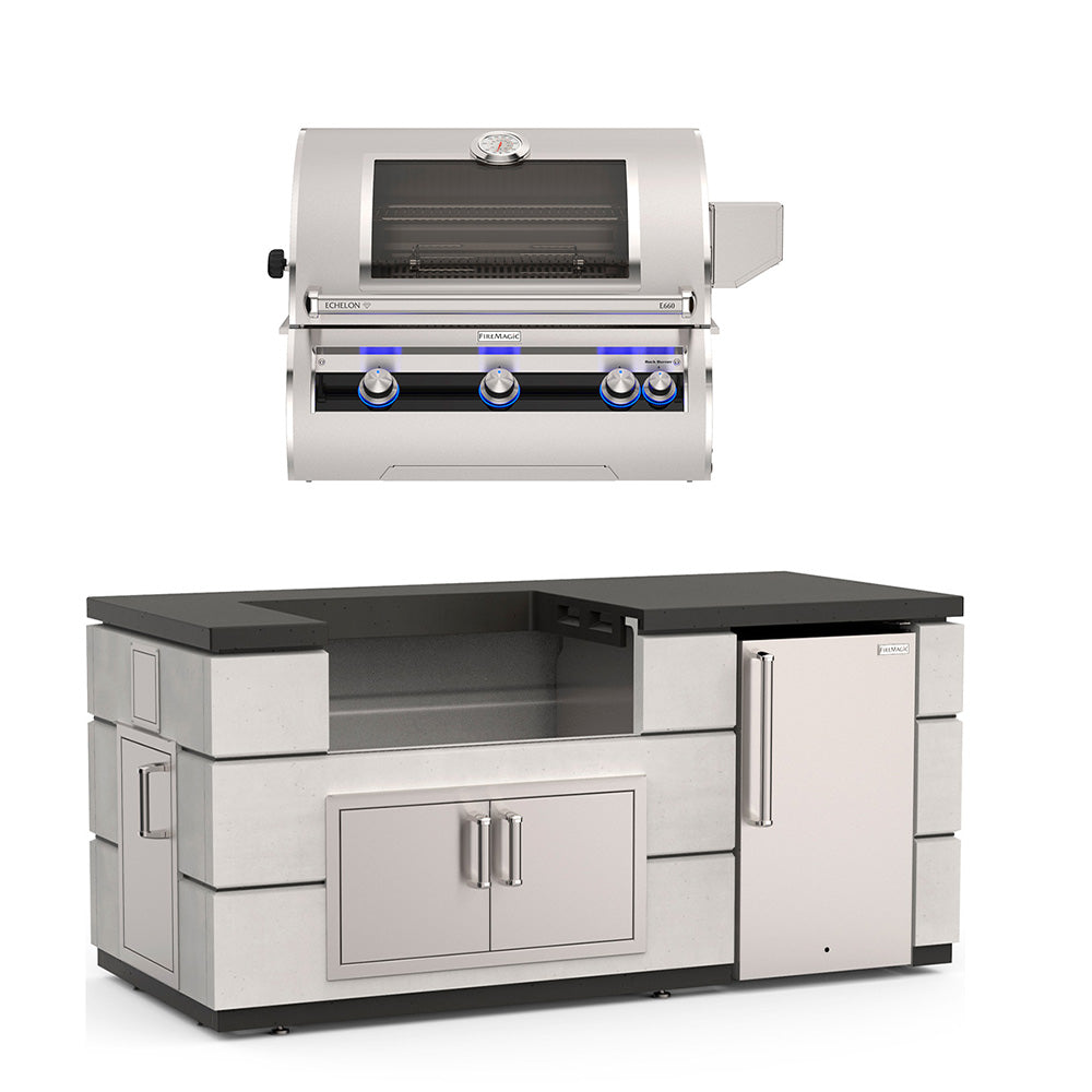 Fire Magic outdoor kitchen island with open stainless grill, black counter, drawers and refrigerator