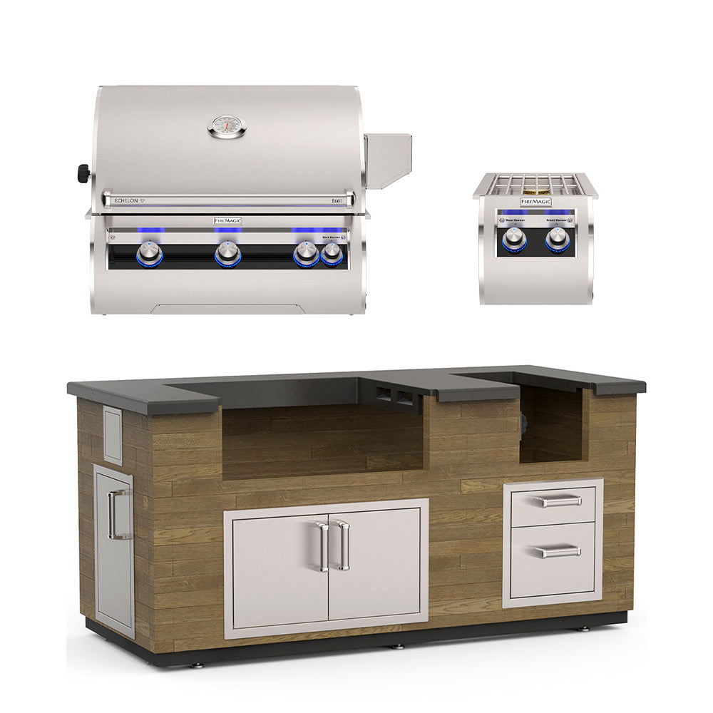 Reclaimed wood outdoor kitchen island with side burner shelf, cabinet doors, and stainless grill