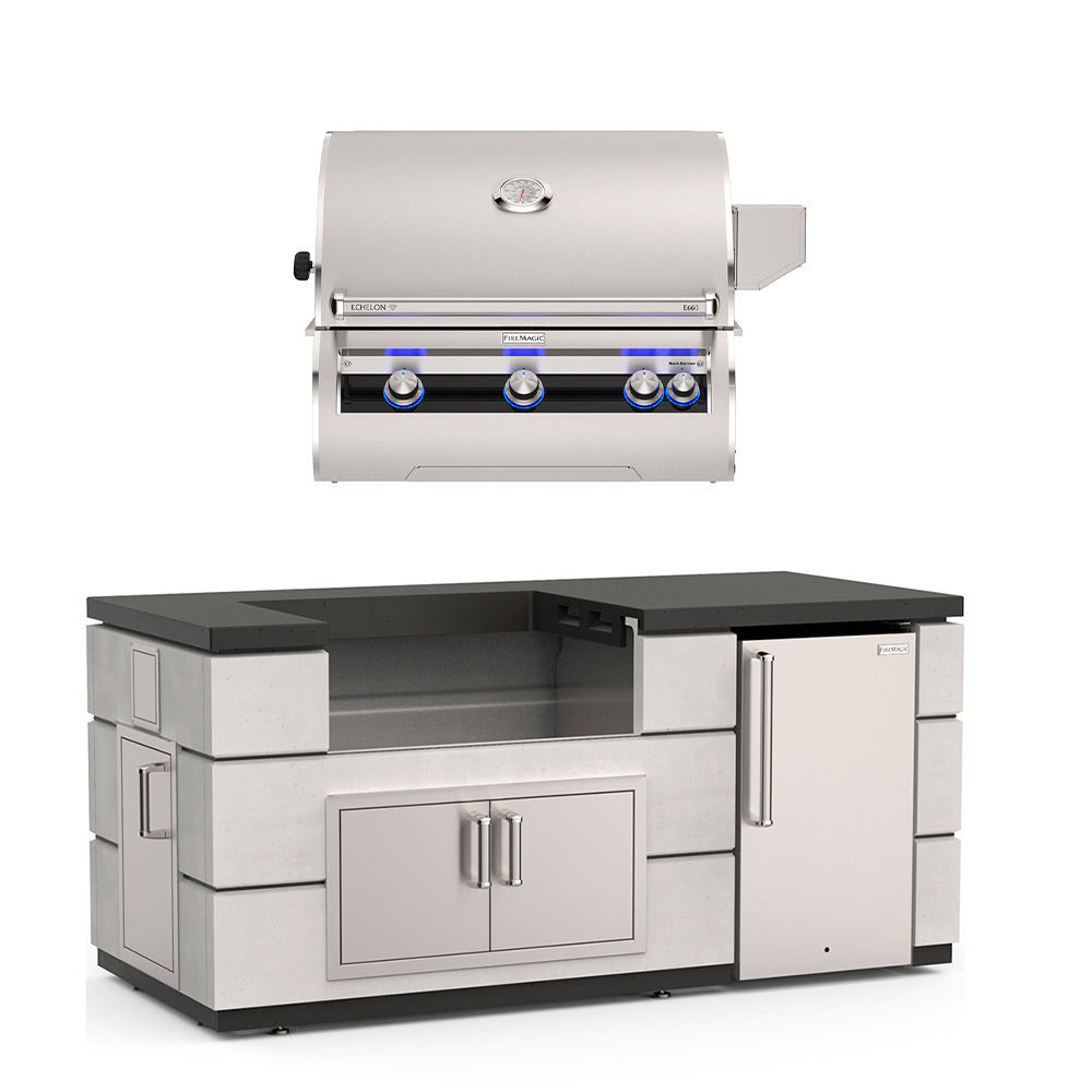 Fire Magic outdoor kitchen island with hooded stainless grill, black countertop, storage doors, fridge