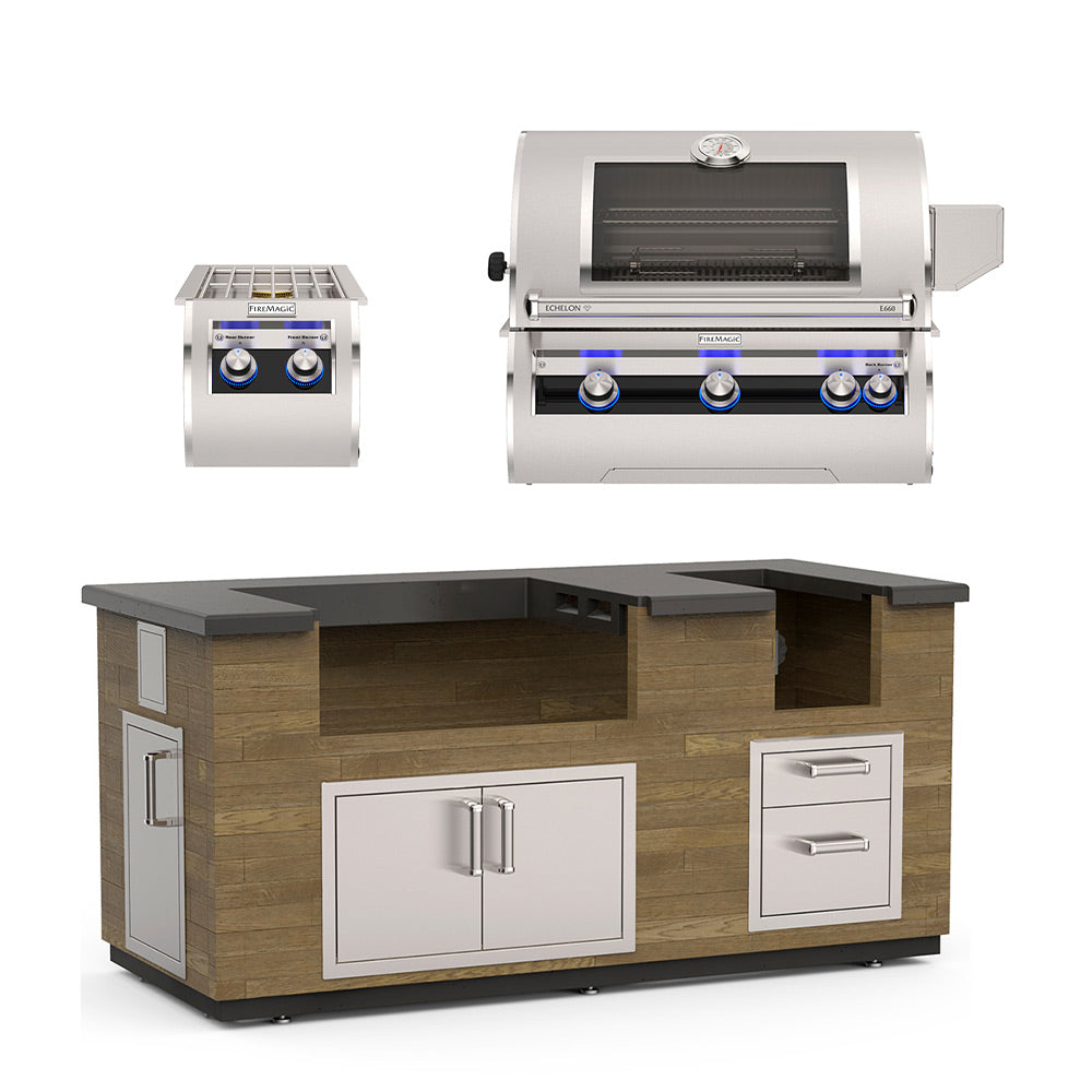 Reclaimed wood outdoor kitchen island with stainless grill, two doors, and two side drawers
