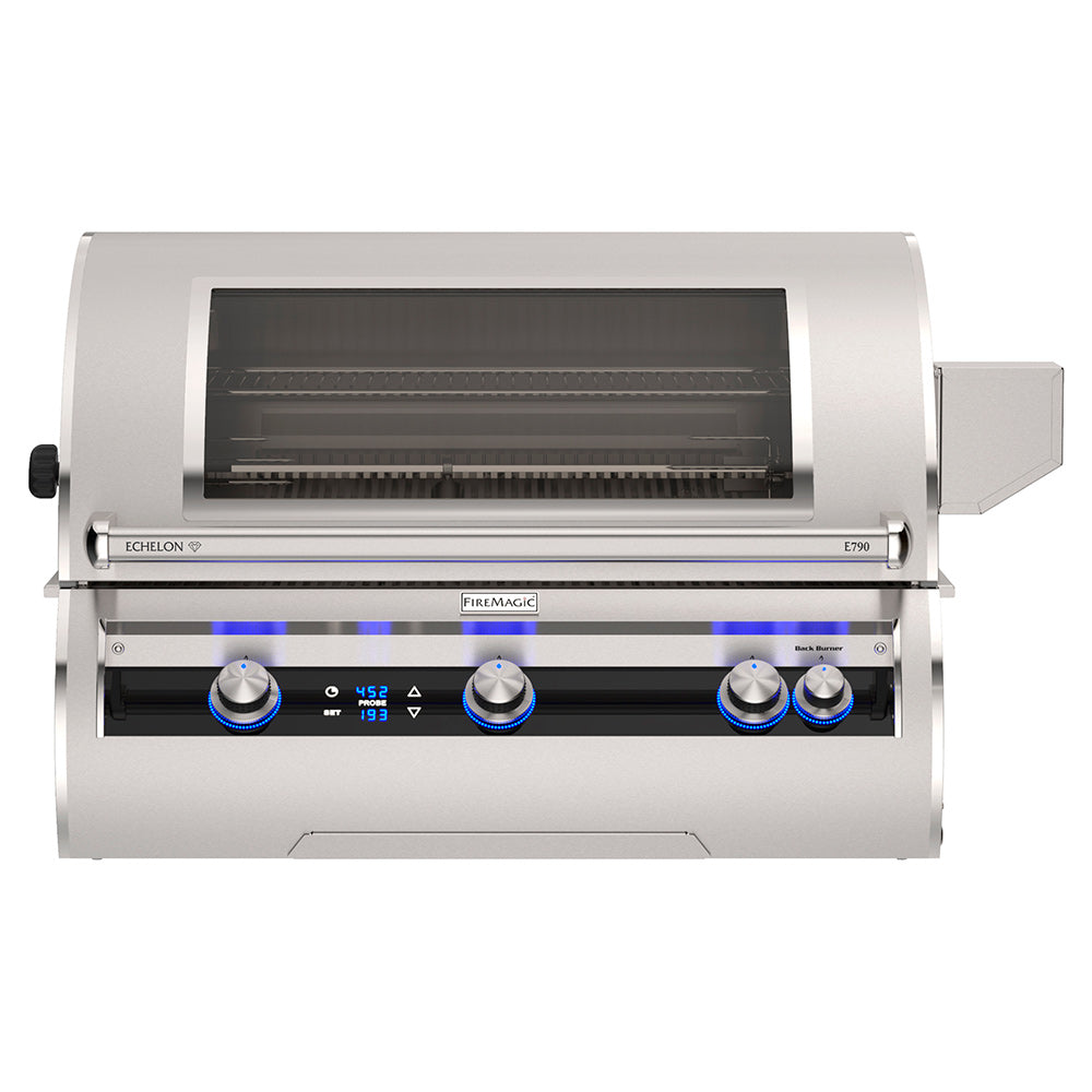 Built-in gas grill with lid open, burner tubes and digital controls, Echelon