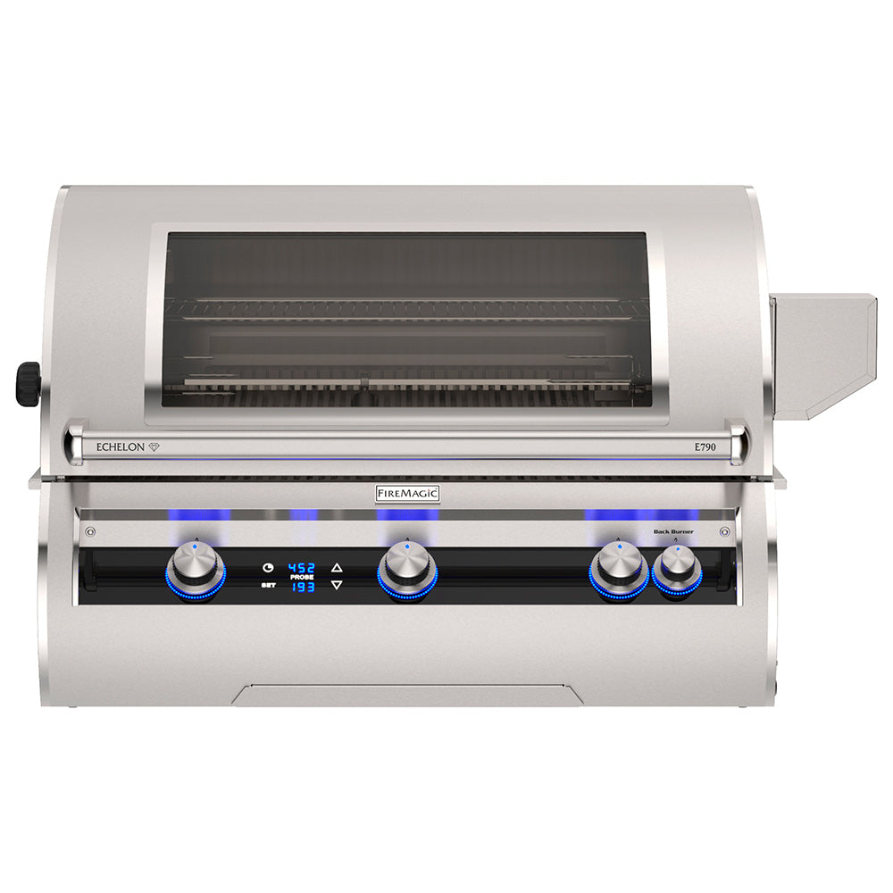 Built-in gas grill with lid open, burner tubes and knobs, Echelon
