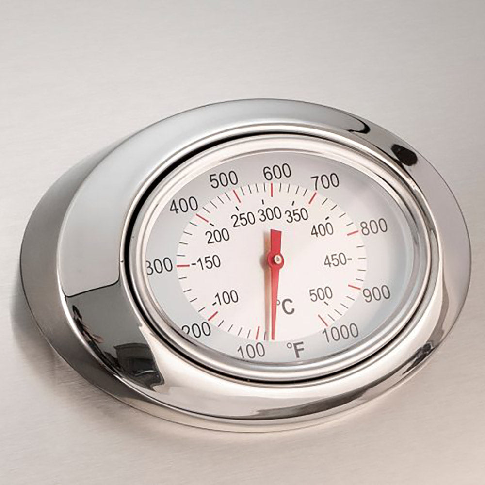 Stainless temperature gauge dial on a built-in gas grill, showing degrees in °C and °F