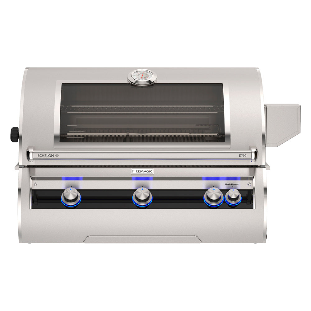 Built-in gas grill with open lid, stainless burner row, and control knobs with blue accents
