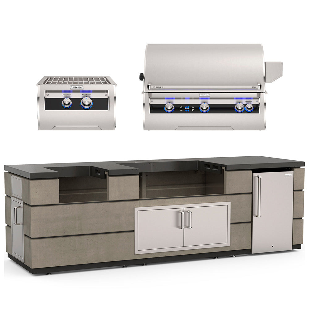 Outdoor kitchen island with black top, stainless base, and two-door storage cabinet