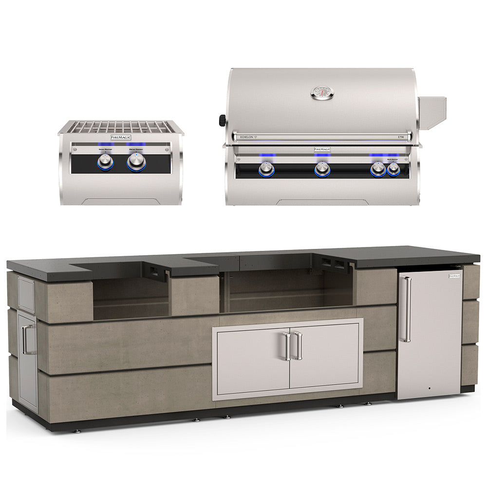 Outdoor kitchen island with black countertop and built-in power grill with control knobs